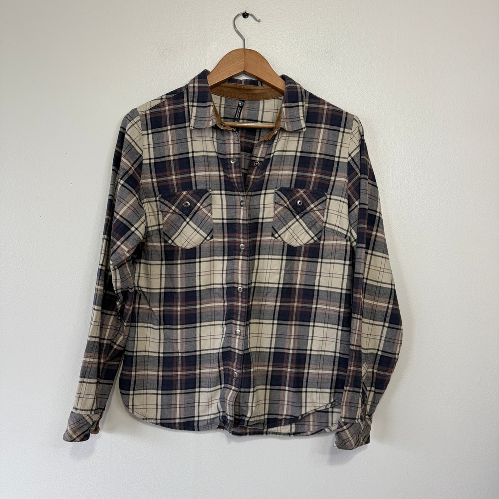 Kuhl Womens Plaid‎ Flannel Snap Button Down Shirt Navy Blue Brown Long Sleeve M